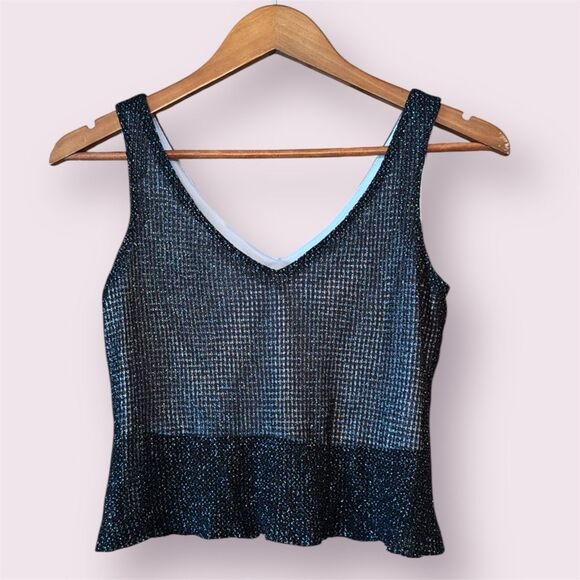 JEFFREY & DARA Evenings By Tom Barra 90s Y2K Vintage Metallic Knit Crop Tank - Picture 1 of 9